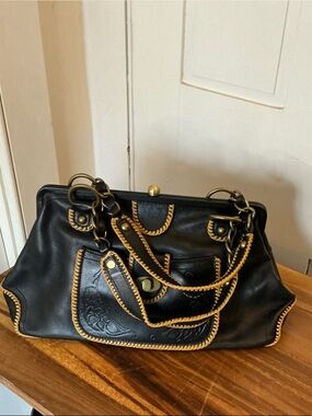 Eileen West Black Satchel with Tan Whipstitch Trim